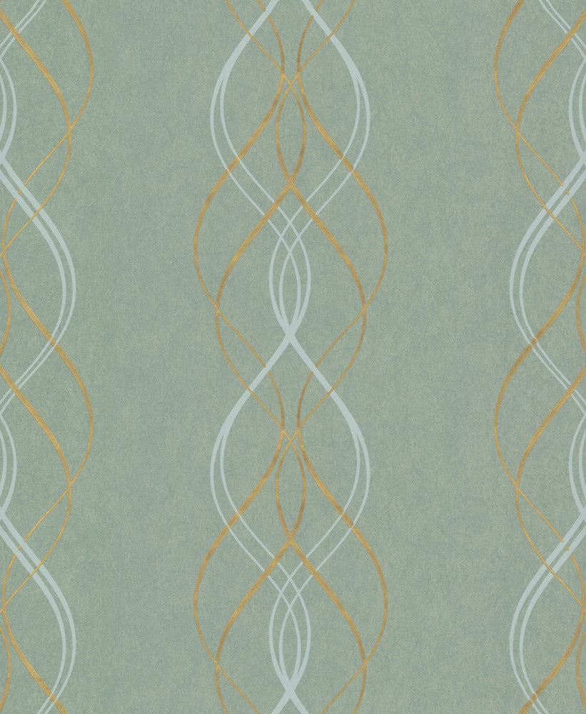 Aurora Blue & Gold Wallpaper by Antonina Vella Antonina Vella Modern Metals Covers about 56.9 square feet 20.8-in by 32.8-ft long roll Unpasted 12.6 - Fabric Carolina -