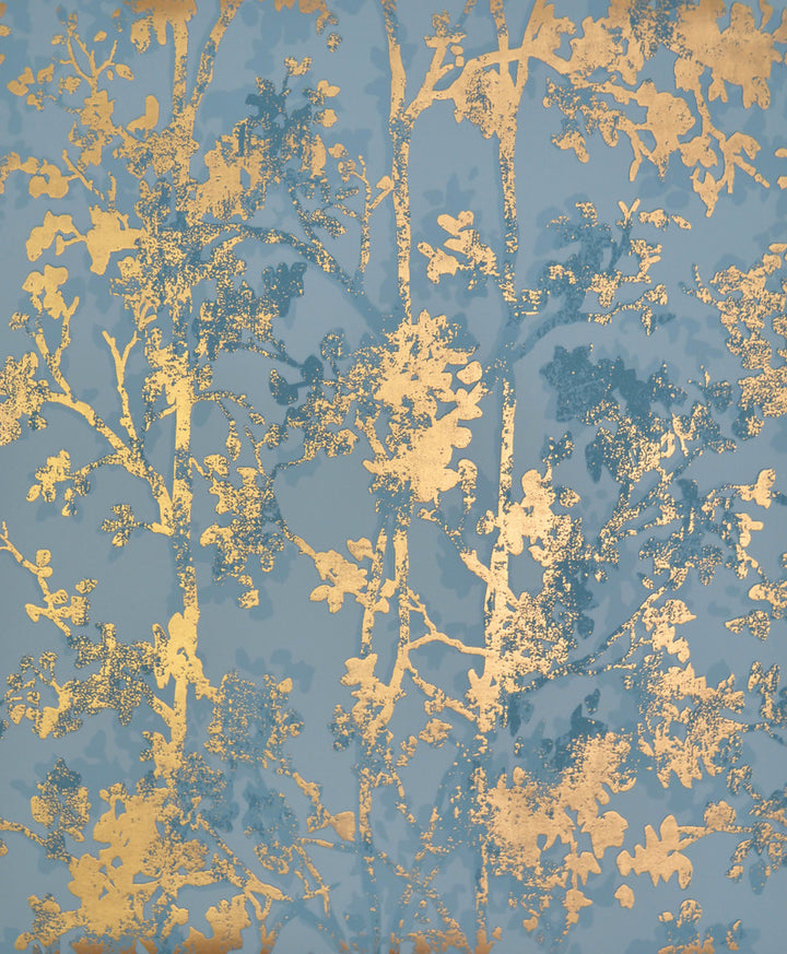 Shimmering Foliage Blue & Gold Wallpaper by Antonina Vella Antonina Vella Modern Metals Covers about 56.9 square feet 20.8-in by 32.8-ft long roll Unpasted 25.2 - Fabric Carolina -