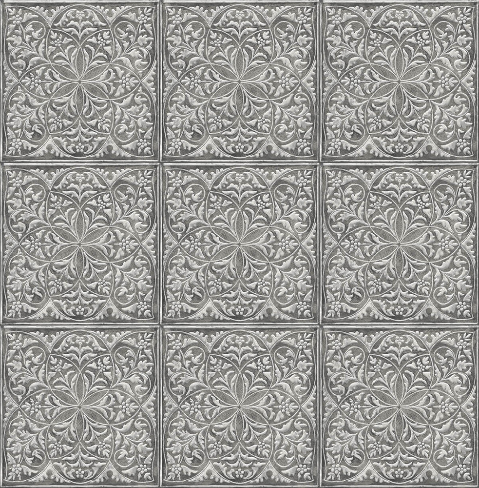 Faux Embossed Tile Metallic Silver & Charcoal by Seabrook Wallpaper NextWall Peel & Stick United States 30.75 6.95" 20.5" - Fabric Carolina -