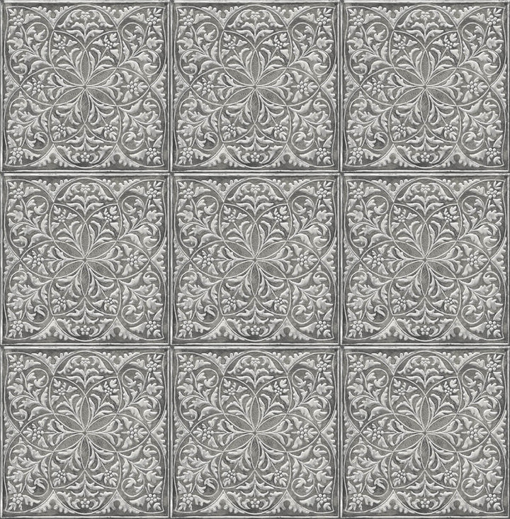 Faux Embossed Tile Metallic Silver & Charcoal by Seabrook Wallpaper NextWall Peel & Stick United States 30.75 6.95" 20.5" - Fabric Carolina -
