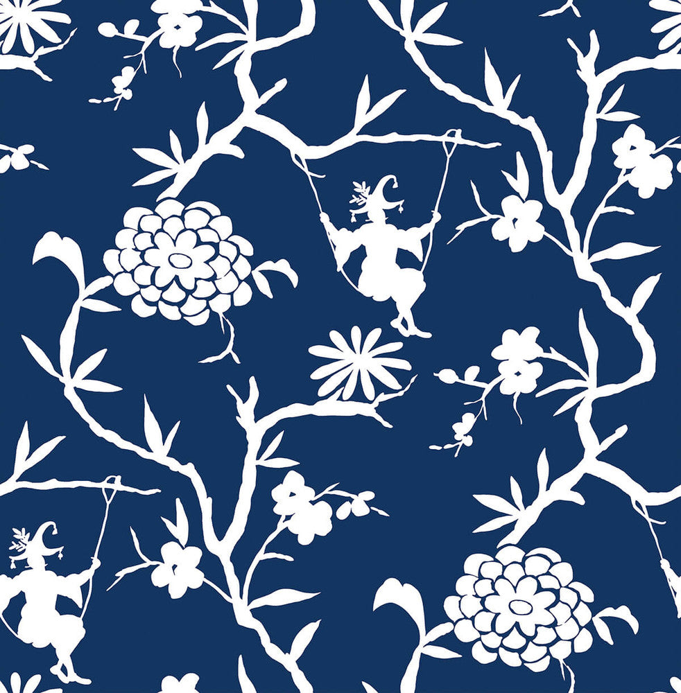 Chinoiserie Silhouette Navy Blue by Seabrook Wallpaper NextWall Peel & Stick United States 30.75 20.87" 20.5" - Fabric Carolina -