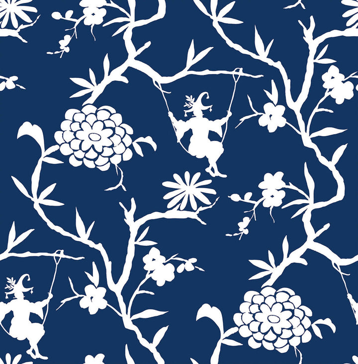 Chinoiserie Silhouette Navy Blue by Seabrook Wallpaper NextWall Peel & Stick United States 30.75 20.87" 20.5" - Fabric Carolina -