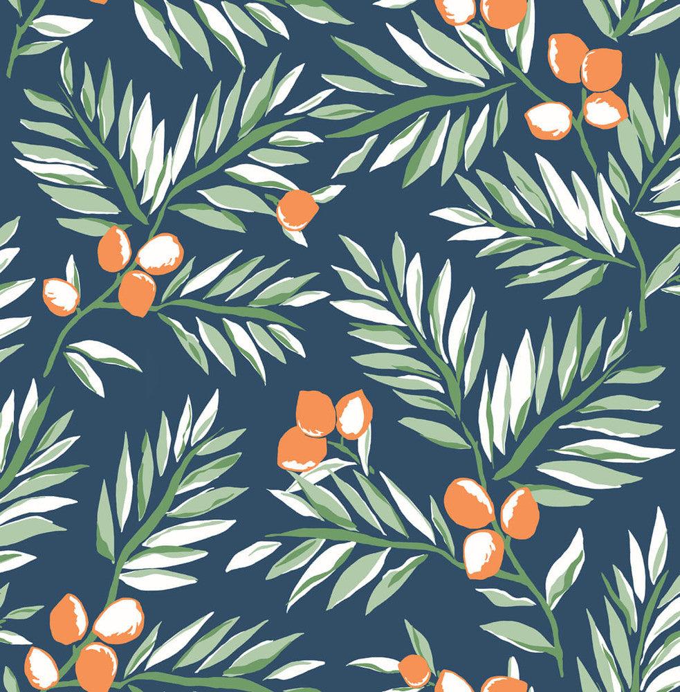 Citrus Branch Navy, Sage, & Orange by Seabrook Wallpaper NextWall Peel & Stick United States 30.75 20.87" 20.5" - Fabric Carolina -