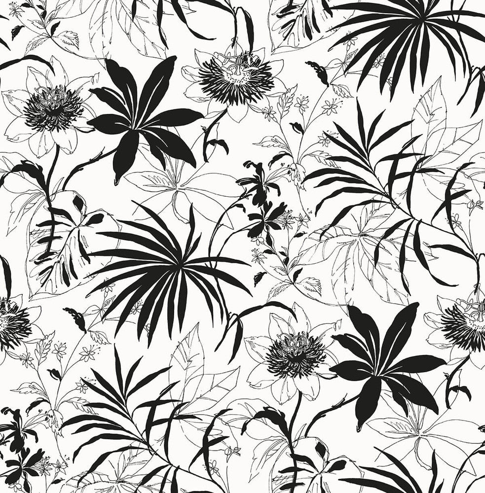 Tropical Garden Black & White by Seabrook Wallpaper NextWall Peel & Stick United States 30.75 20.87" 20.5" - Fabric Carolina -