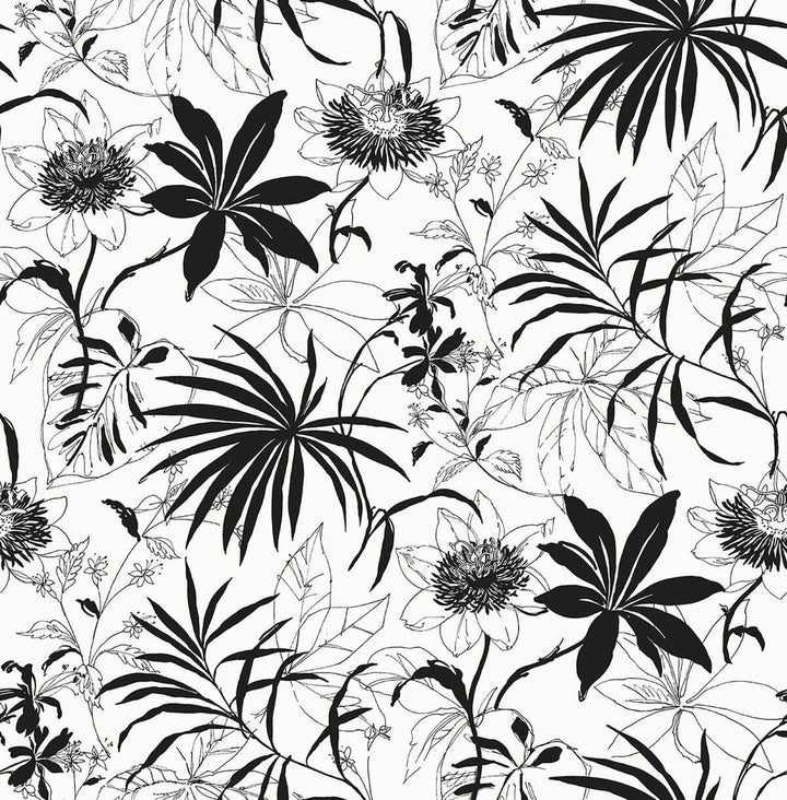 Tropical Garden Black & White by Seabrook Wallpaper NextWall Peel & Stick United States 30.75 20.87" 20.5" - Fabric Carolina -