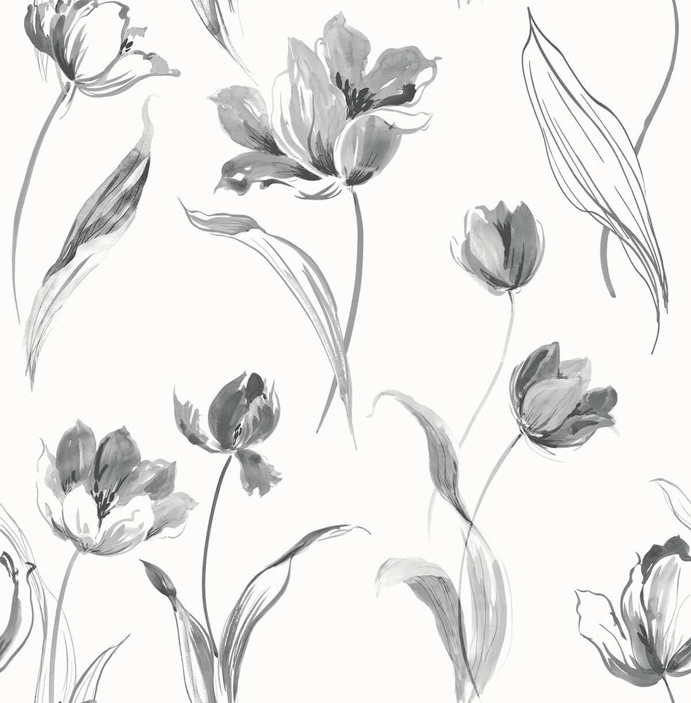 Tulip Toss Black and White by Seabrook Wallpaper NextWall Peel & Stick United States 30.75 20.87" 20.5" - Fabric Carolina -