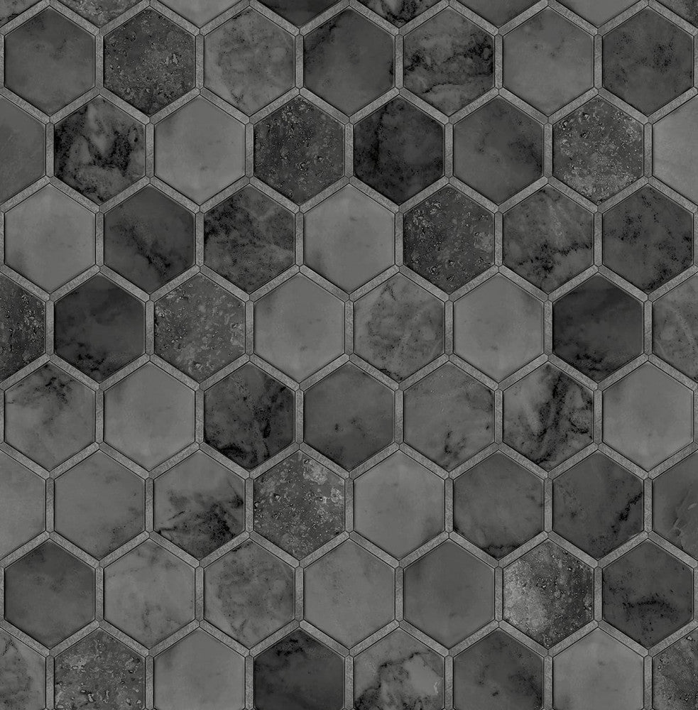 Inlay Hexagon Cosmic Black & Metallic Silver by Seabrook Wallpaper NextWall Peel & Stick United States 30.75 20.87" 20.5" - Fabric Carolina -