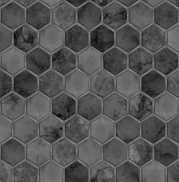 Inlay Hexagon Cosmic Black & Metallic Silver by Seabrook Wallpaper NextWall Peel & Stick United States 30.75 20.87" 20.5" - Fabric Carolina -