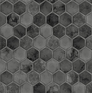 Inlay Hexagon Cosmic Black & Metallic Silver by Seabrook Wallpaper