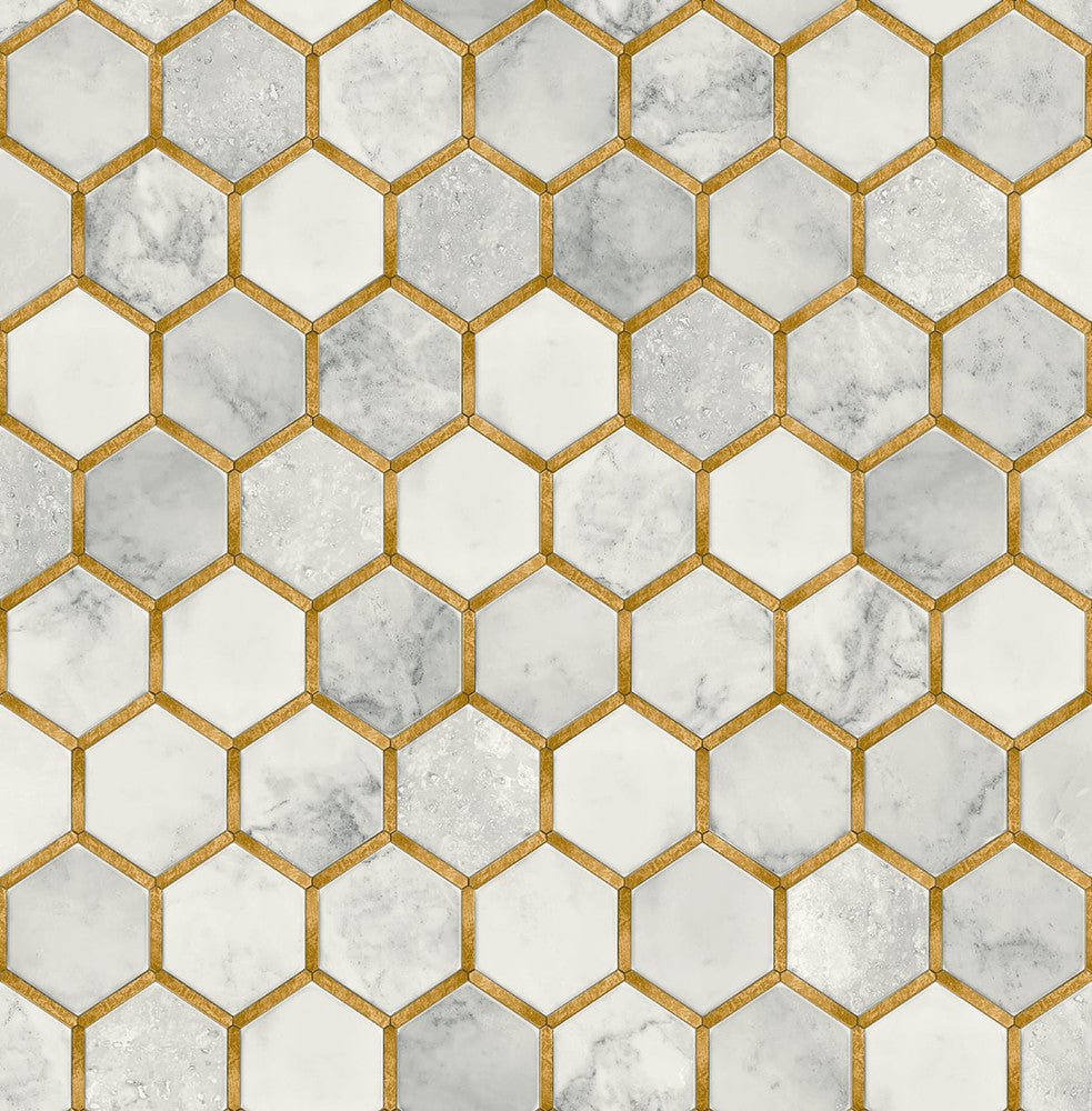 Inlay Hexagon Alaska Grey & Metallic Gold by Seabrook Wallpaper NextWall Peel & Stick United States 30.75 20.87" 20.5" - Fabric Carolina -