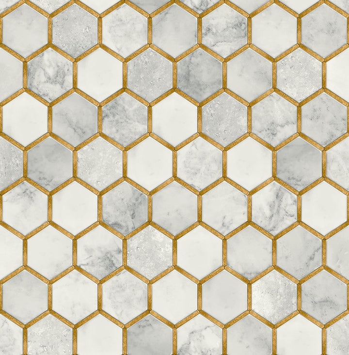 Inlay Hexagon Alaska Grey & Metallic Gold by Seabrook Wallpaper NextWall Peel & Stick United States 30.75 20.87" 20.5" - Fabric Carolina -
