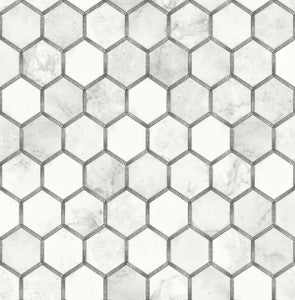 Inlay Hexagon Carrara & Metallic Silver by Seabrook Wallpaper