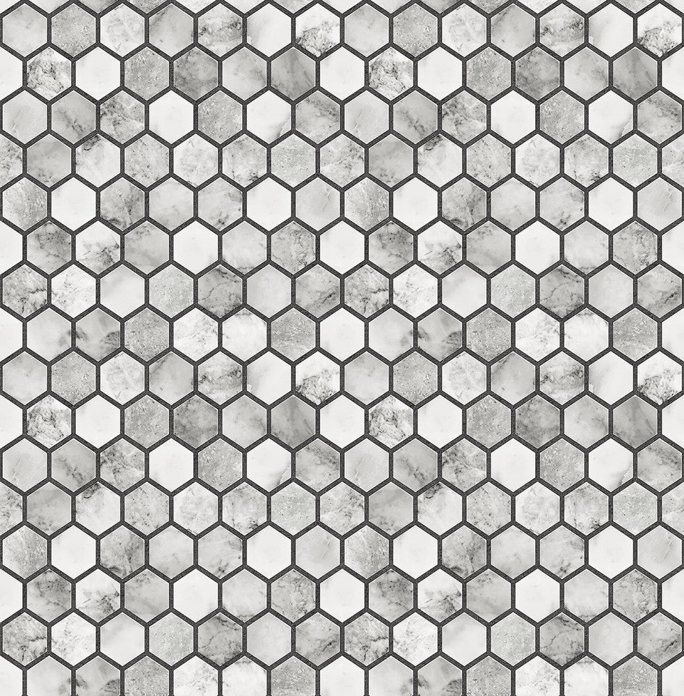 Marble Hexagon Carrara & Wrought Iron by Seabrook Wallpaper NextWall Peel & Stick United States 30.75 10.43" 20.5" - Fabric Carolina -