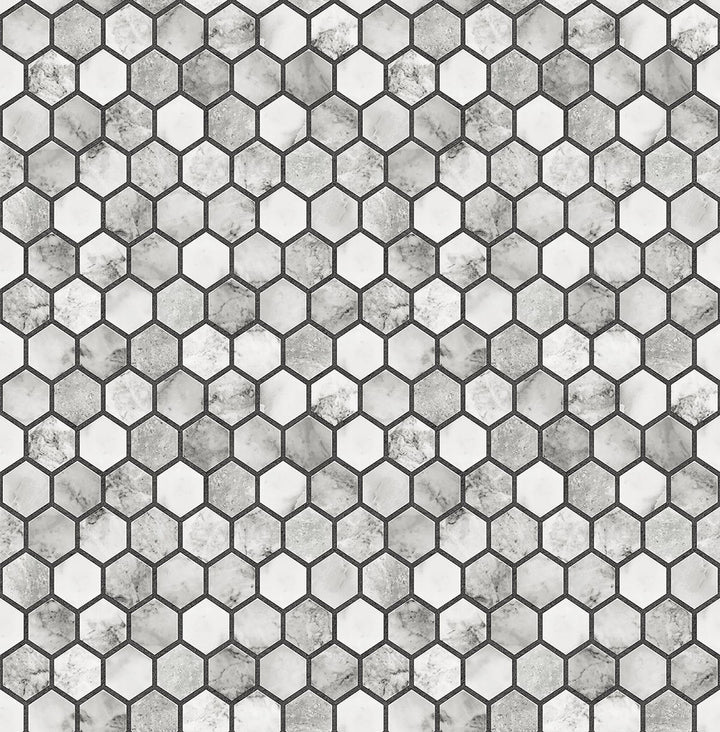 Marble Hexagon Carrara & Wrought Iron by Seabrook Wallpaper NextWall Peel & Stick United States 30.75 10.43" 20.5" - Fabric Carolina -