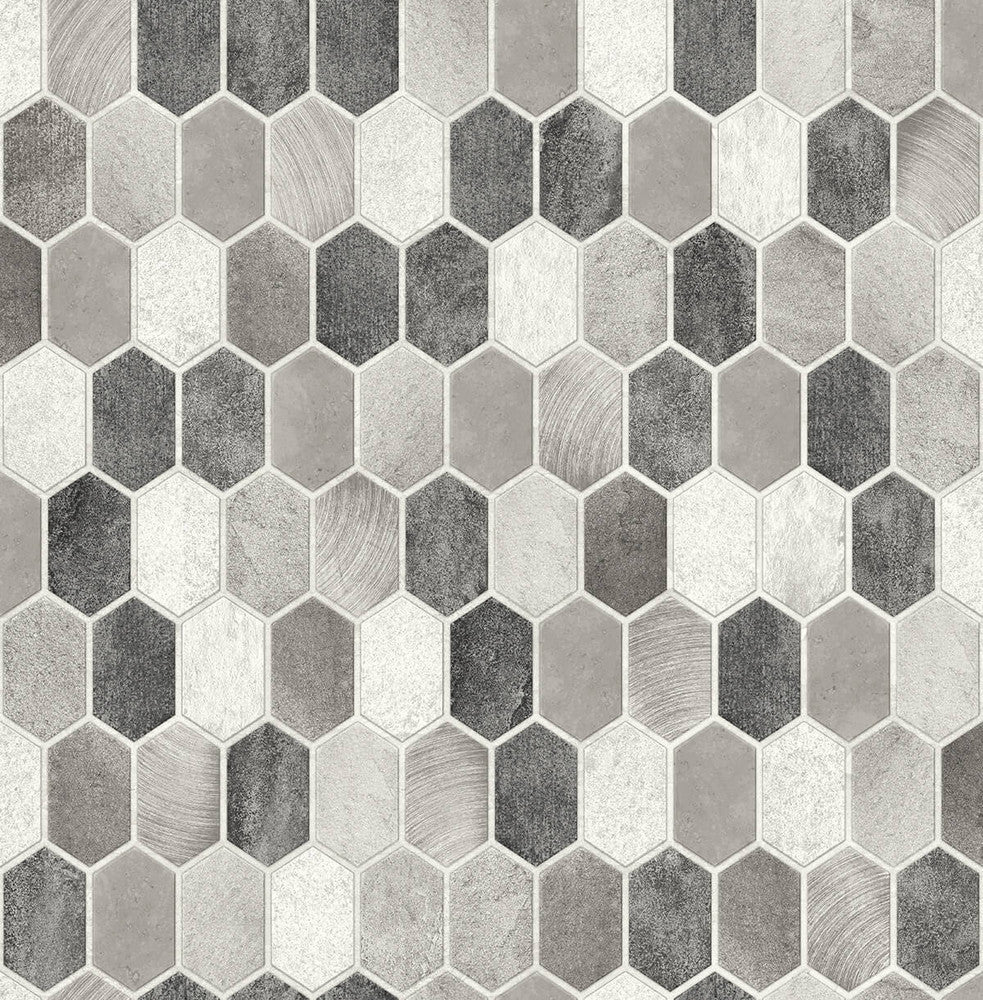 Brushed Hex Tile Pavestone & Chrome by Seabrook Wallpaper NextWall Peel & Stick United States 30.75 20.87" 20.5" - Fabric Carolina -
