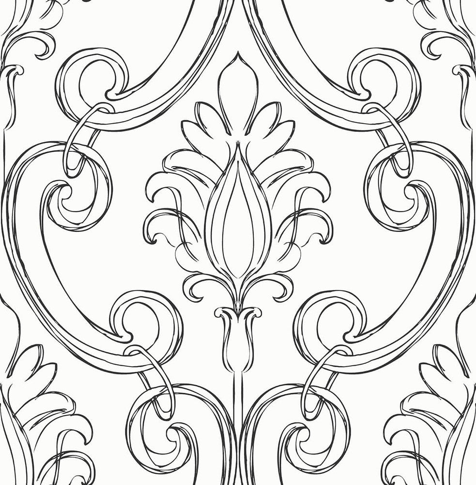 Sketched Damask Ebony by Seabrook Wallpaper NextWall Peel & Stick United States 30.75 20.87" 20.5" - Fabric Carolina -