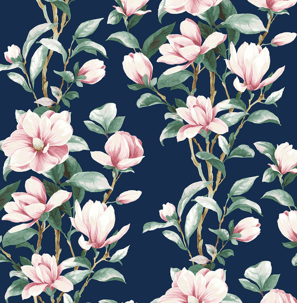 Magnolia Trail Navy & Blush by Seabrook Wallpaper NextWall Peel & Stick United States 30.75 20.87" 20.5" - Fabric Carolina -