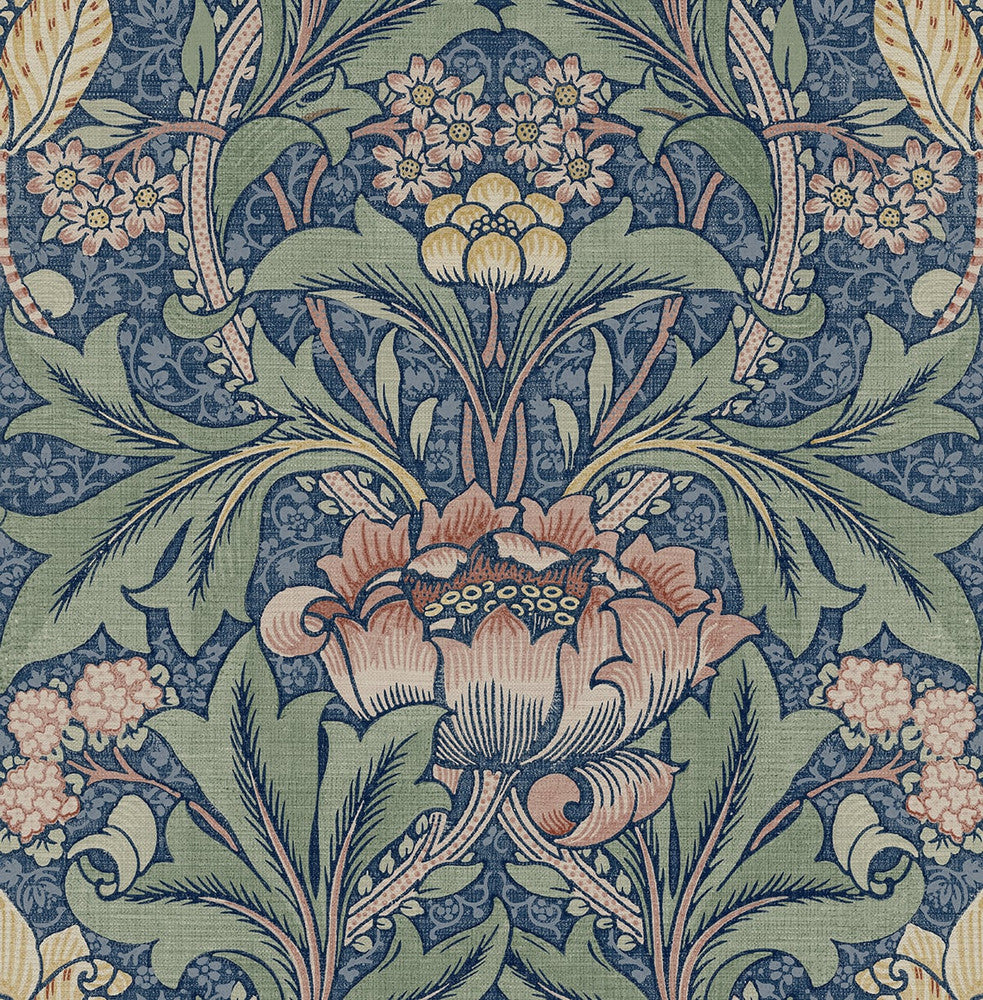 Acanthus Floral Denim Blue & Salmon by Seabrook Wallpaper NextWall Peel & Stick United States 30.75 20.87" 20.5" - Fabric Carolina -