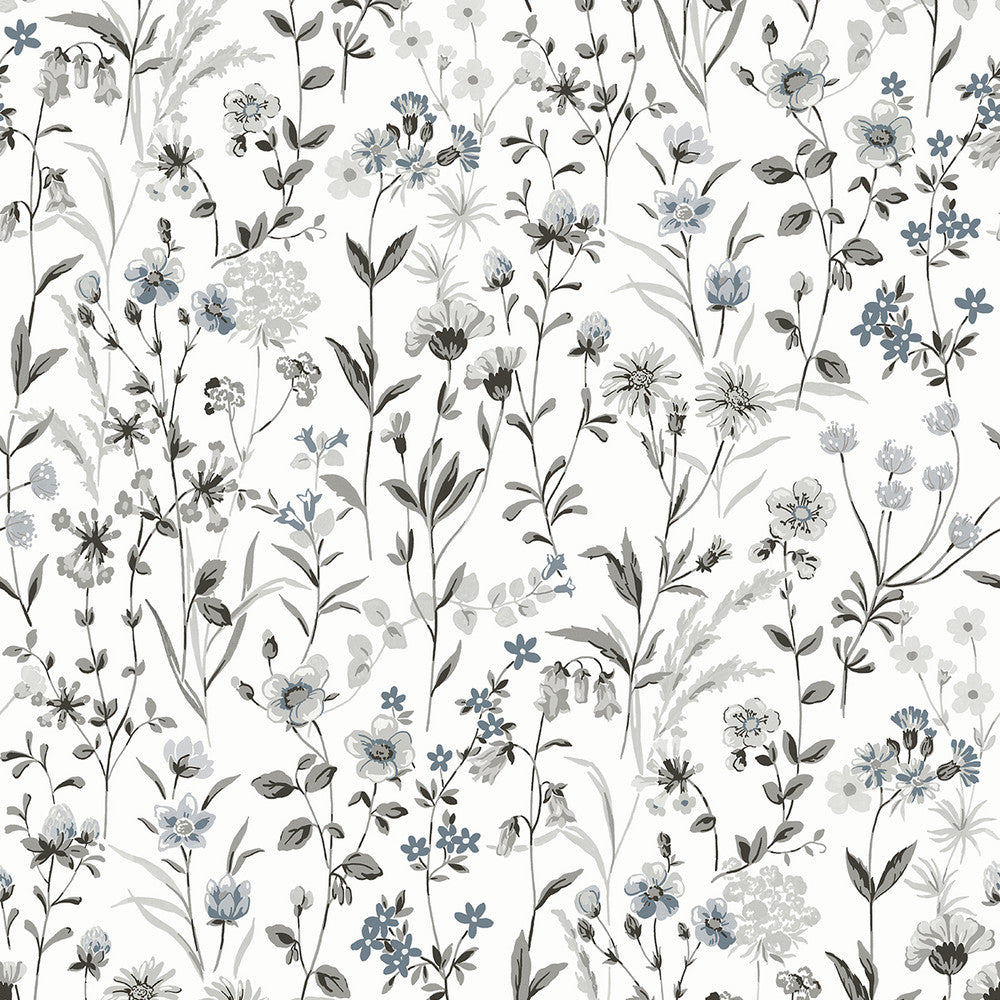 Wildflowers Charcoal & Bluestone by Seabrook Wallpaper NextWall Peel & Stick United States 30.75 25.2" 20.5" - Fabric Carolina -