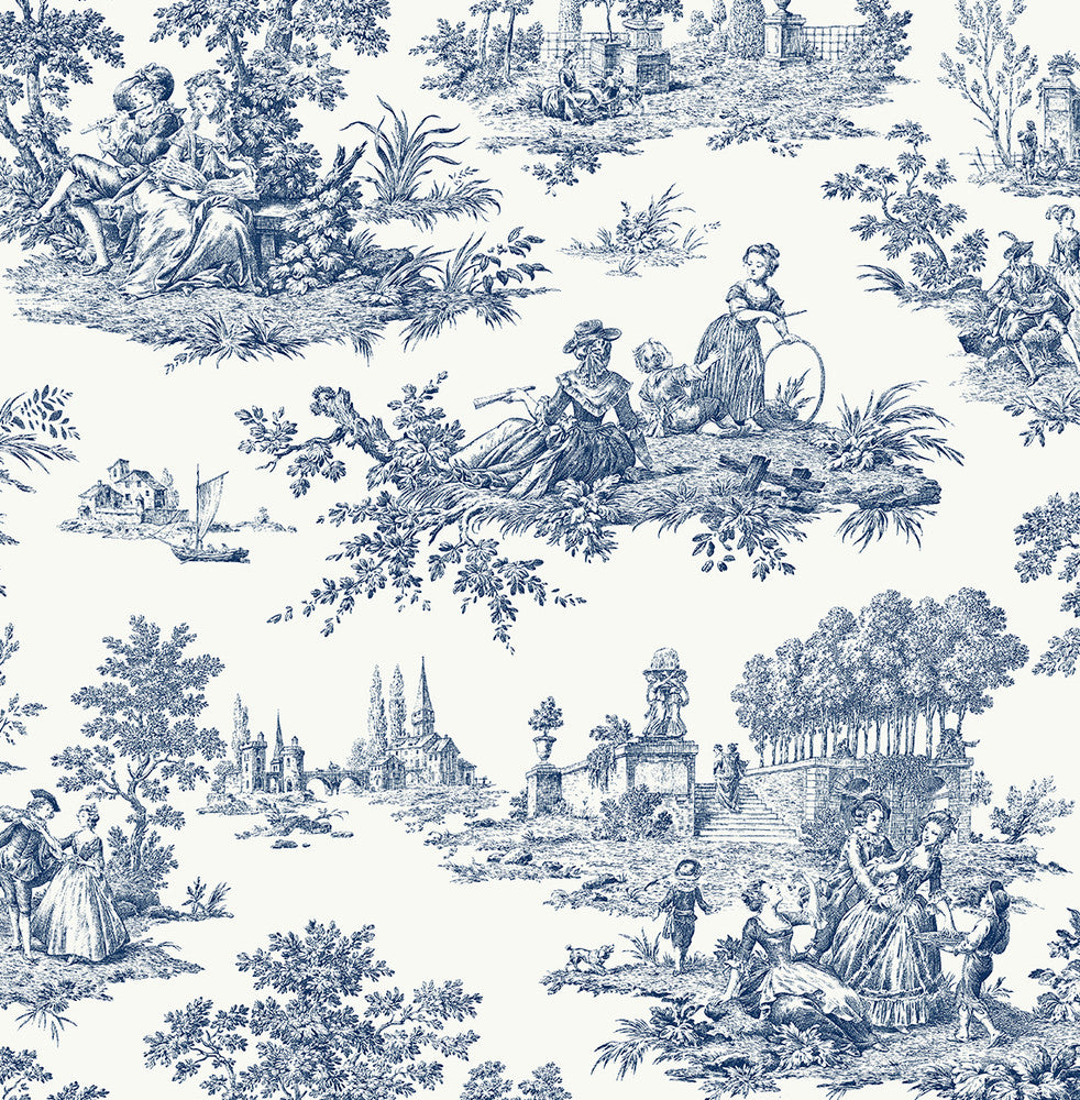 Chateau Toile Navy Blue by Seabrook Wallpaper NextWall Peel & Stick United States 30.75 20.87" 20.5" - Fabric Carolina -