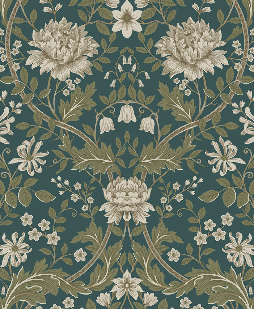 Honeysuckle Trail Teal & Moss Green by Seabrook Wallpaper NextWall Peel & Stick Netherlands 31.35 25.2" 20.9" - Fabric Carolina -