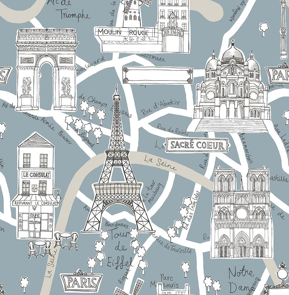 Paris Scene Smokey Blue by Seabrook Wallpaper NextWall Peel & Stick United States 30.75 20.87" 20.5" - Fabric Carolina -