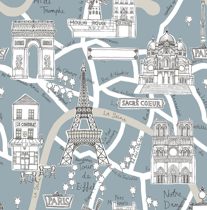 Paris Scene Smokey Blue by Seabrook Wallpaper NextWall Peel & Stick United States 30.75 20.87" 20.5" - Fabric Carolina -