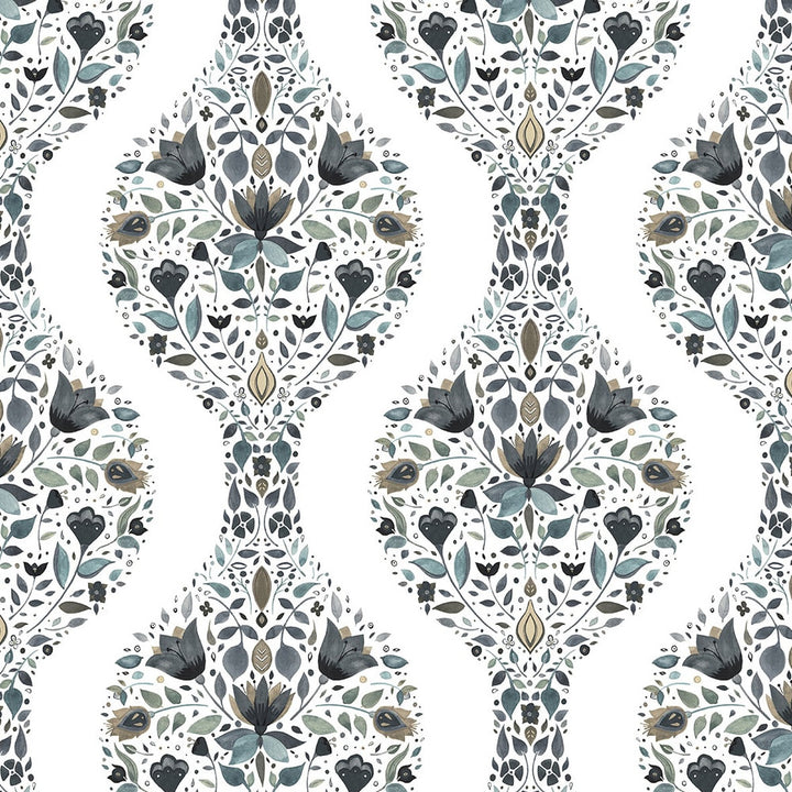 Floral Ogee Steel & Rustic Taupe by Seabrook Wallpaper NextWall Peel & Stick United States 30.75 6.3" 20.5" - Fabric Carolina -