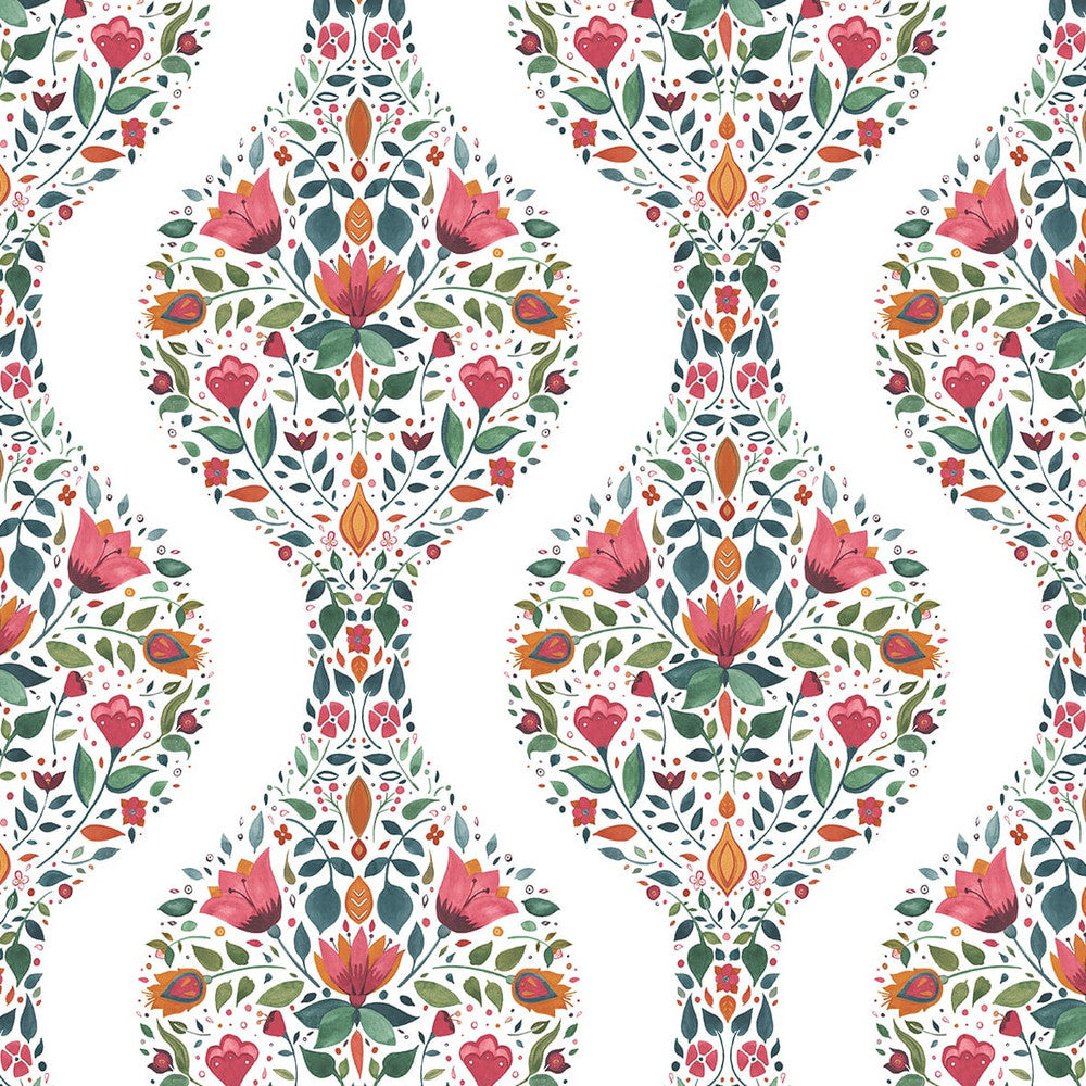 Floral Ogee Rose Pink & Spruce by Seabrook Wallpaper NextWall Peel & Stick United States 30.75 6.3" 20.5" - Fabric Carolina -