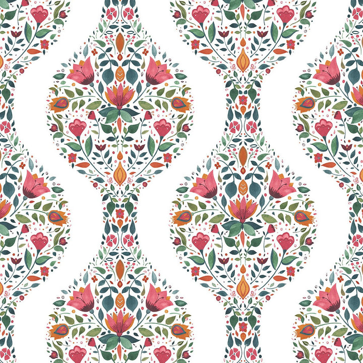 Floral Ogee Rose Pink & Spruce by Seabrook Wallpaper NextWall Peel & Stick United States 30.75 6.3" 20.5" - Fabric Carolina -