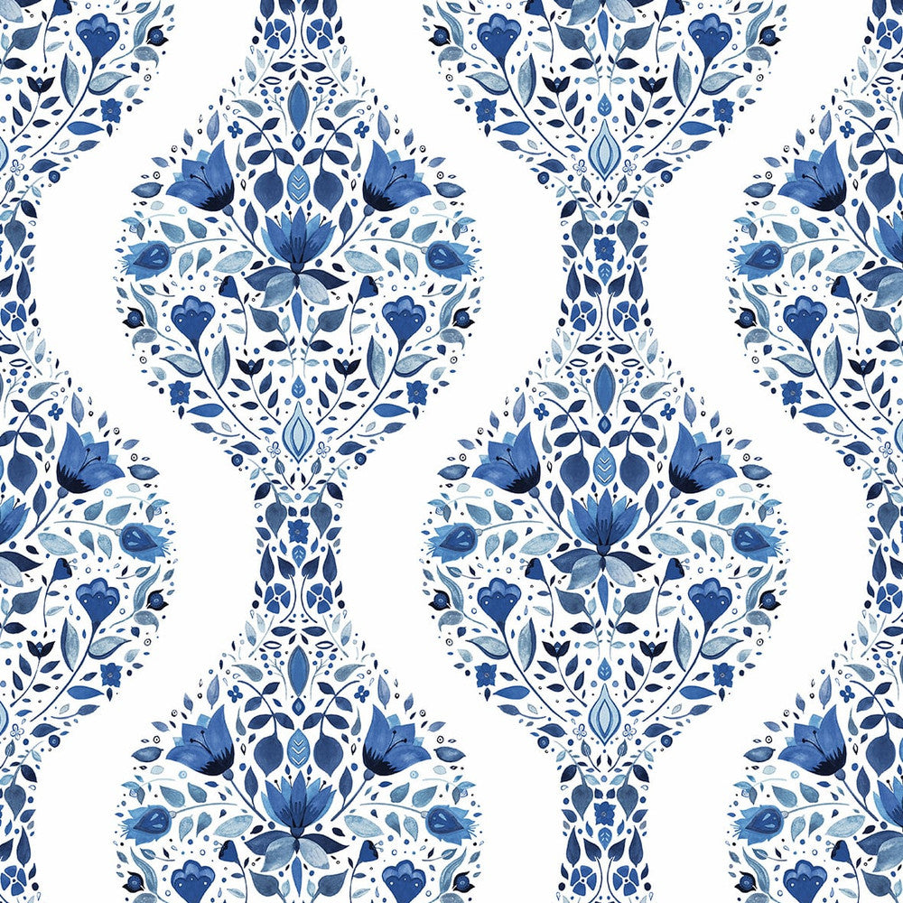 Floral Ogee Bluestone by Seabrook Wallpaper NextWall Peel & Stick United States 30.75 6.3" 20.5" - Fabric Carolina -