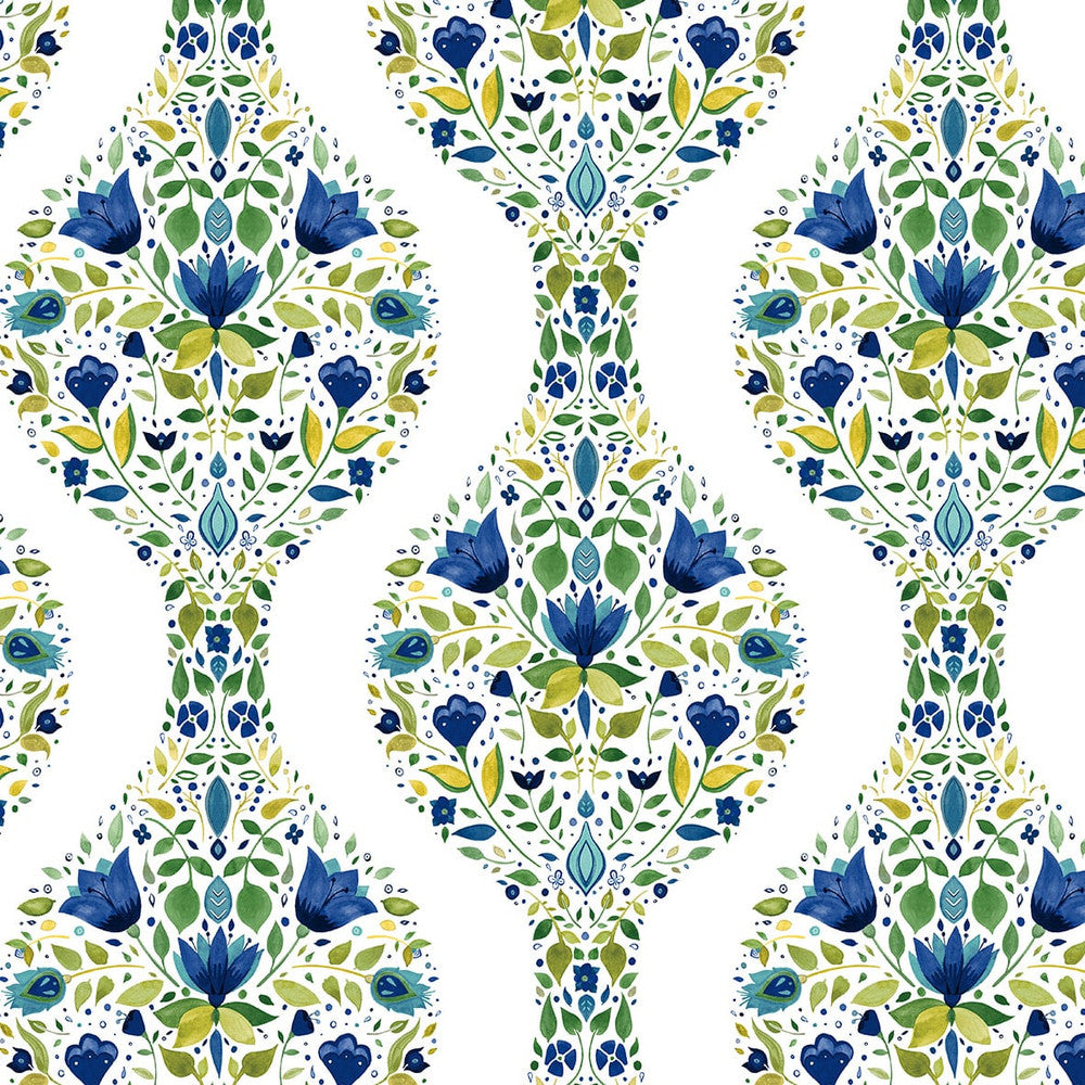 Floral Ogee Cobalt & Spring Green by Seabrook Wallpaper NextWall Peel & Stick United States 30.75 6.3" 20.5" - Fabric Carolina -