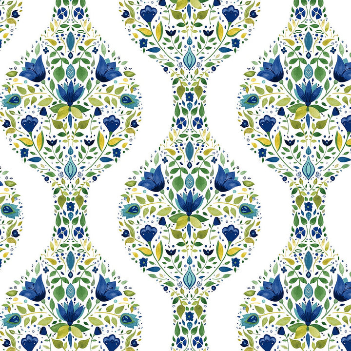 Floral Ogee Cobalt & Spring Green by Seabrook Wallpaper NextWall Peel & Stick United States 30.75 6.3" 20.5" - Fabric Carolina -