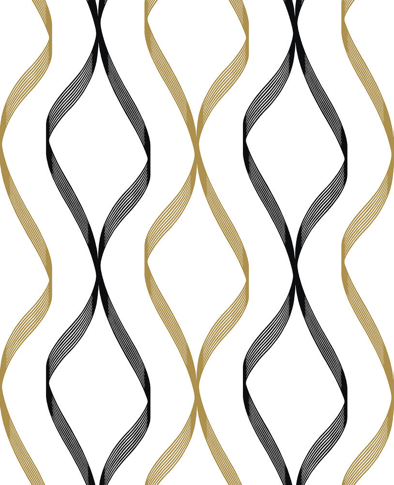 Ogee Ribbon Metallic Gold & Ebony by Seabrook Wallpaper NextWall Peel & Stick United States 30.75 12.6" 20.5" - Fabric Carolina -