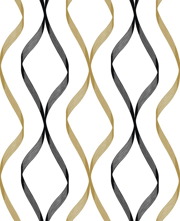 Ogee Ribbon Metallic Gold & Ebony by Seabrook Wallpaper NextWall Peel & Stick United States 30.75 12.6" 20.5" - Fabric Carolina -