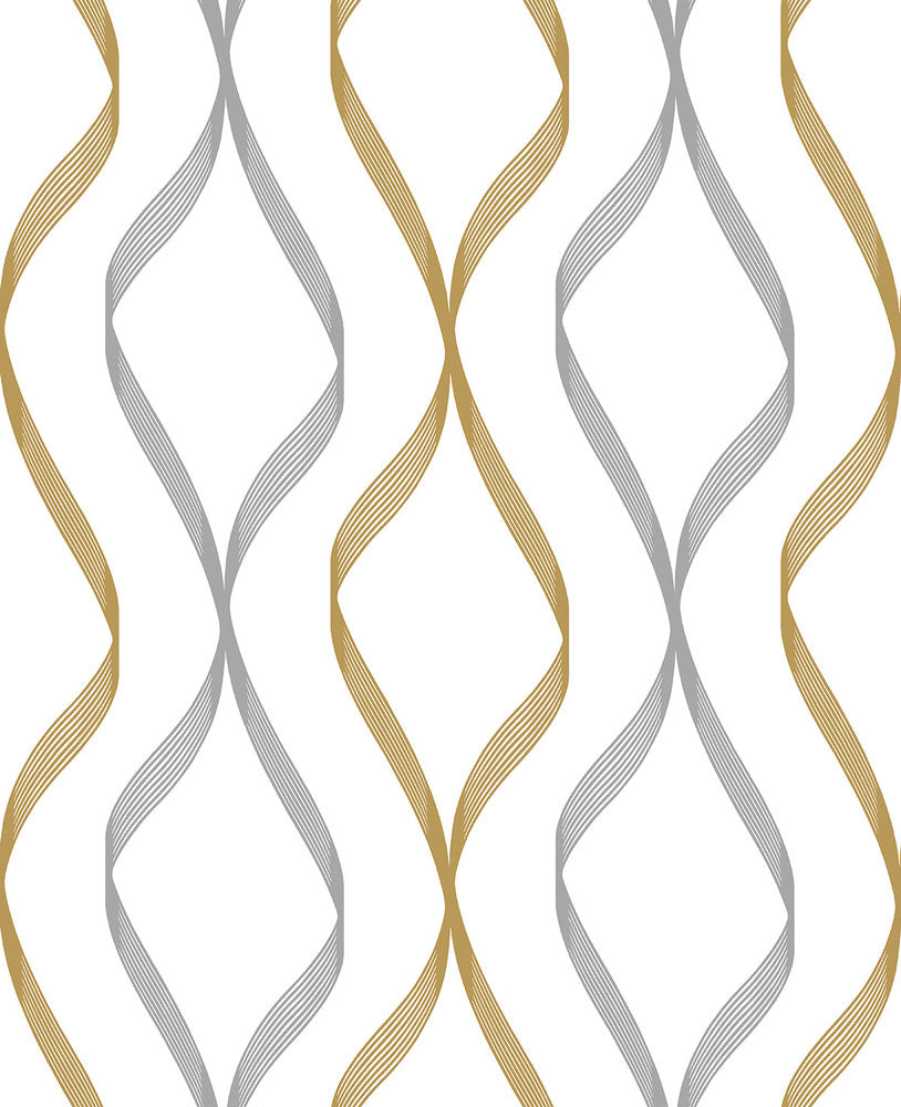 Ogee Ribbon Silver & Gold by Seabrook Wallpaper NextWall Peel & Stick United States 30.75 12.6" 20.5" - Fabric Carolina -