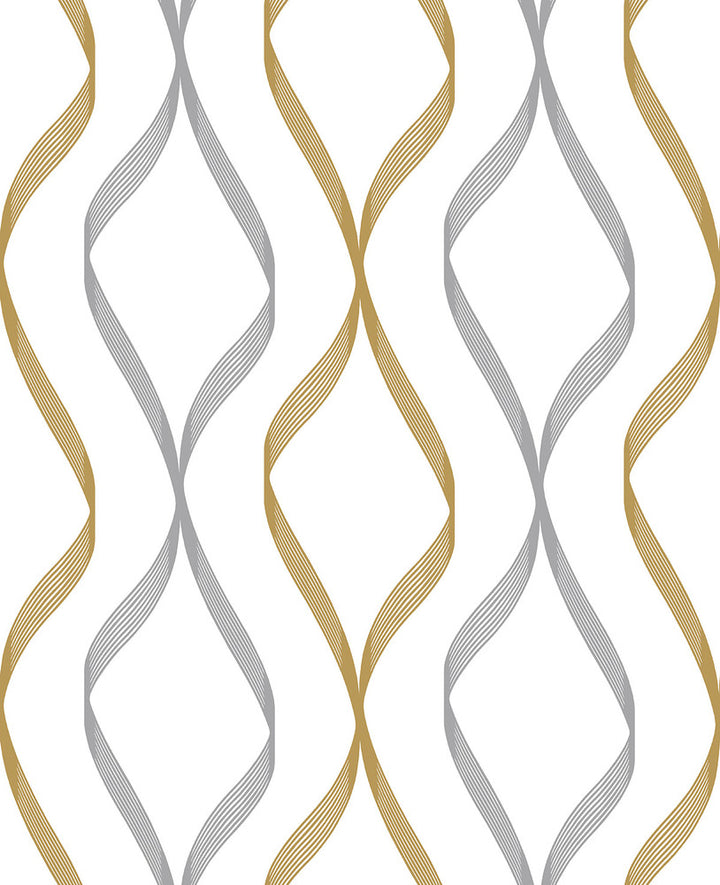 Ogee Ribbon Silver & Gold by Seabrook Wallpaper NextWall Peel & Stick United States 30.75 12.6" 20.5" - Fabric Carolina -