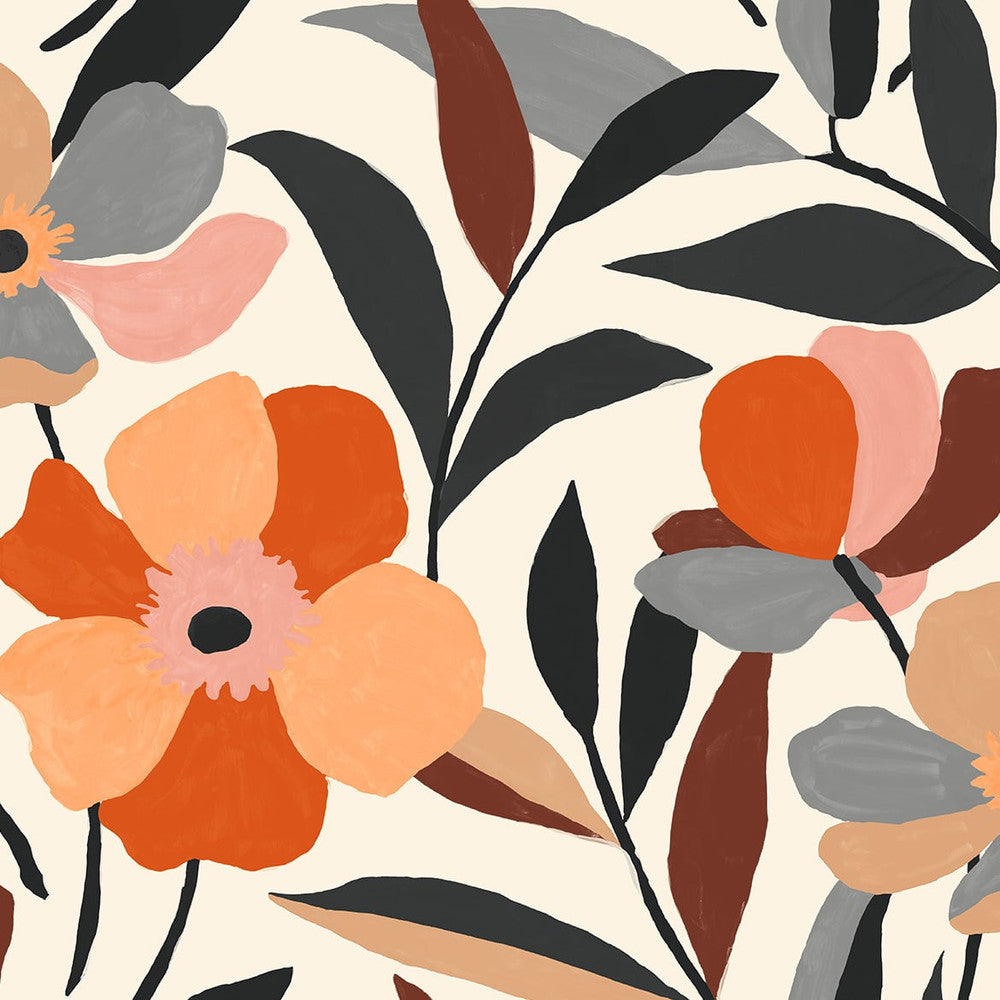 Garden Block Floral Orange & Ebony by Seabrook Wallpaper NextWall Peel & Stick United States 30.75 20.87" 20.5" - Fabric Carolina -