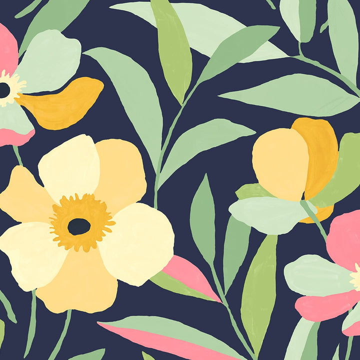 Garden Block Floral Deep Navy & Pastels by Seabrook Wallpaper NextWall Peel & Stick United States 30.75 20.87" 20.5" - Fabric Carolina -