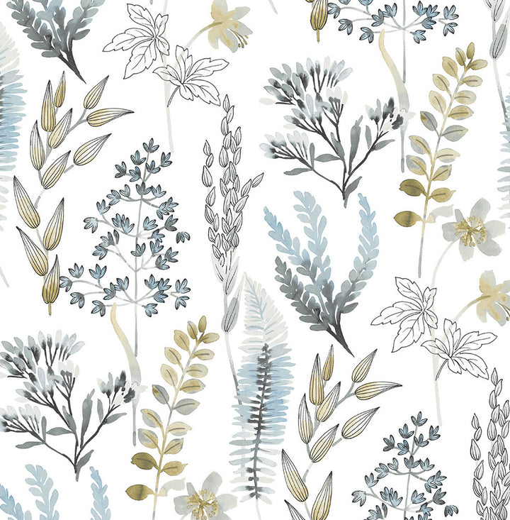 Wild Garden Glacier Blue & Matte Brass by Seabrook Wallpaper NextWall Peel & Stick United States 30.75 20.87" 20.5" - Fabric Carolina -