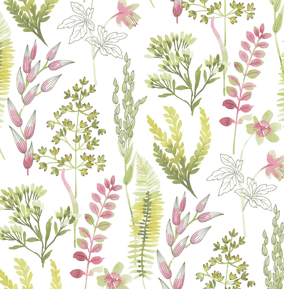 Wild Garden Lemongrass & Posy Pink by Seabrook Wallpaper NextWall Peel & Stick United States 30.75 20.87" 20.5" - Fabric Carolina -