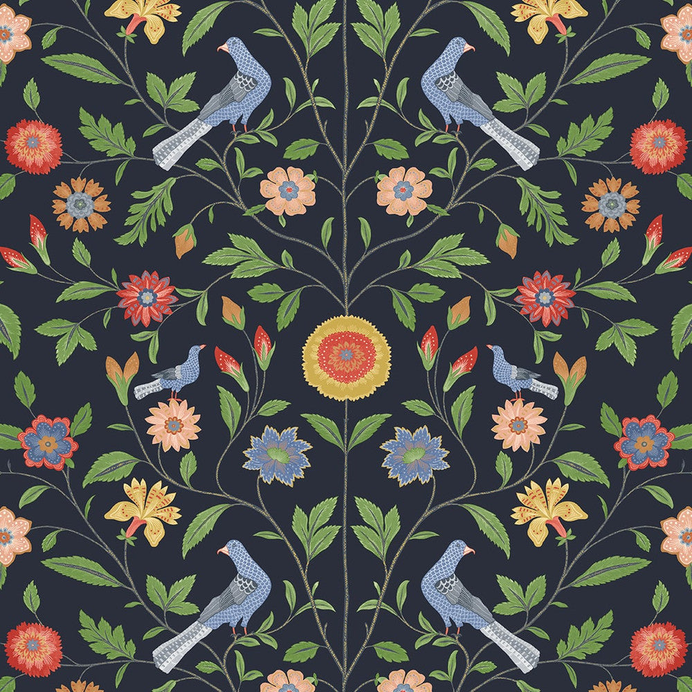 Bird Toile Midnight Blue by Seabrook Wallpaper NextWall Peel & Stick United States 30.75 6.98" 20.5" - Fabric Carolina -