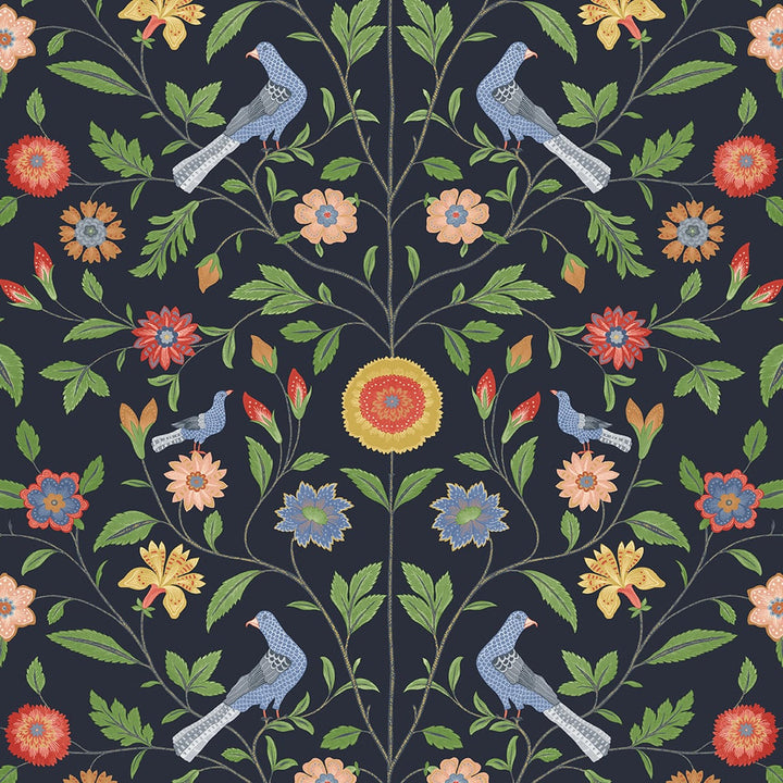 Bird Toile Midnight Blue by Seabrook Wallpaper NextWall Peel & Stick United States 30.75 6.98" 20.5" - Fabric Carolina -