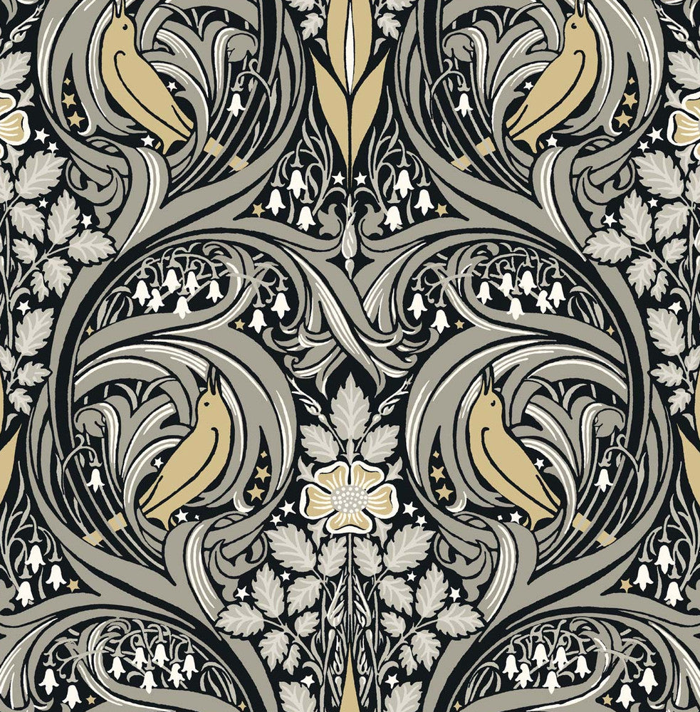 Bird Ogee Ebony & Sepia by Seabrook Wallpaper NextWall Peel & Stick United States 30.75 20.87" 20.5" - Fabric Carolina -