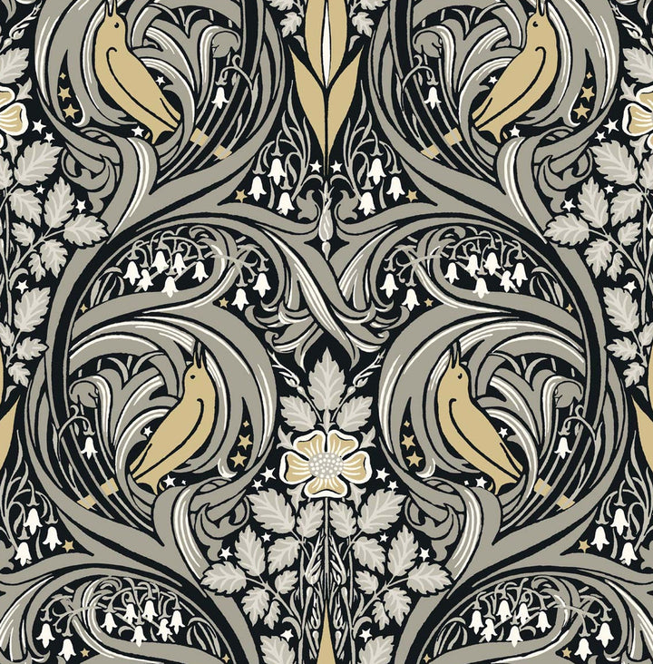 Bird Ogee Ebony & Sepia by Seabrook Wallpaper NextWall Peel & Stick United States 30.75 20.87" 20.5" - Fabric Carolina -