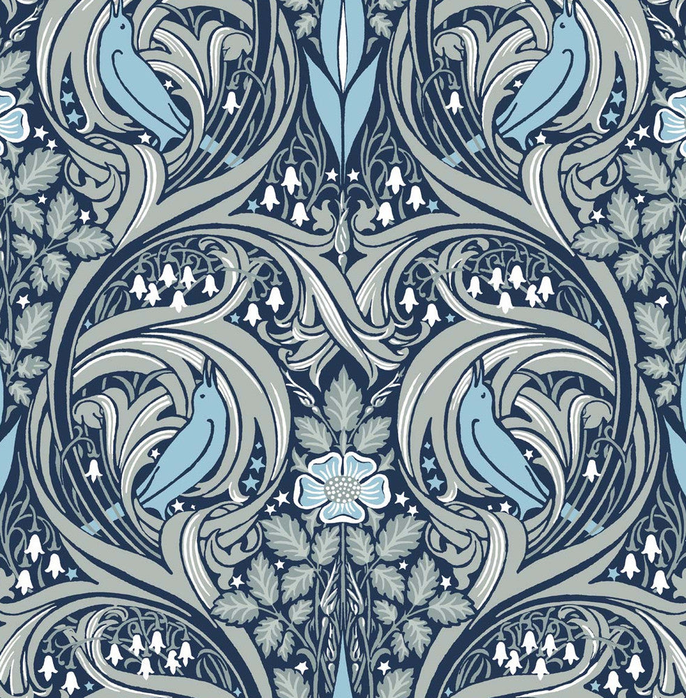 Bird Ogee Navy & Sky Blue by Seabrook Wallpaper NextWall Peel & Stick United States 30.75 20.87" 20.5" - Fabric Carolina -