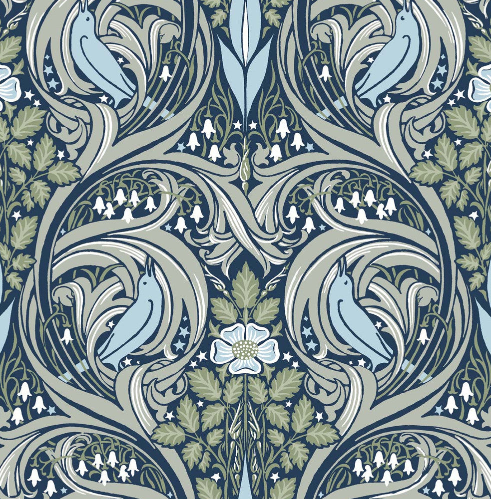 Bird Ogee Navy & Fern Green by Seabrook Wallpaper NextWall Peel & Stick United States 30.75 20.87" 20.5" - Fabric Carolina -