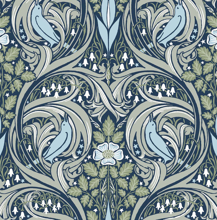 Bird Ogee Navy & Fern Green by Seabrook Wallpaper NextWall Peel & Stick United States 30.75 20.87" 20.5" - Fabric Carolina -