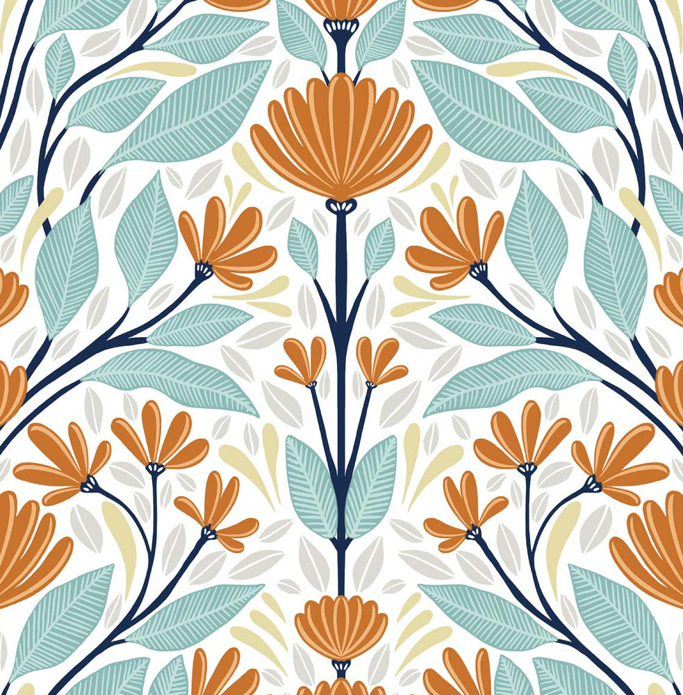 Folk Floral Verdigris & Orange by Seabrook Wallpaper NextWall Peel & Stick United States 30.75 20.87" 20.5" - Fabric Carolina -