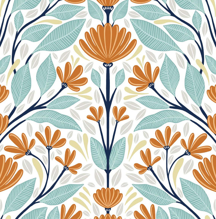 Folk Floral Verdigris & Orange by Seabrook Wallpaper NextWall Peel & Stick United States 30.75 20.87" 20.5" - Fabric Carolina -